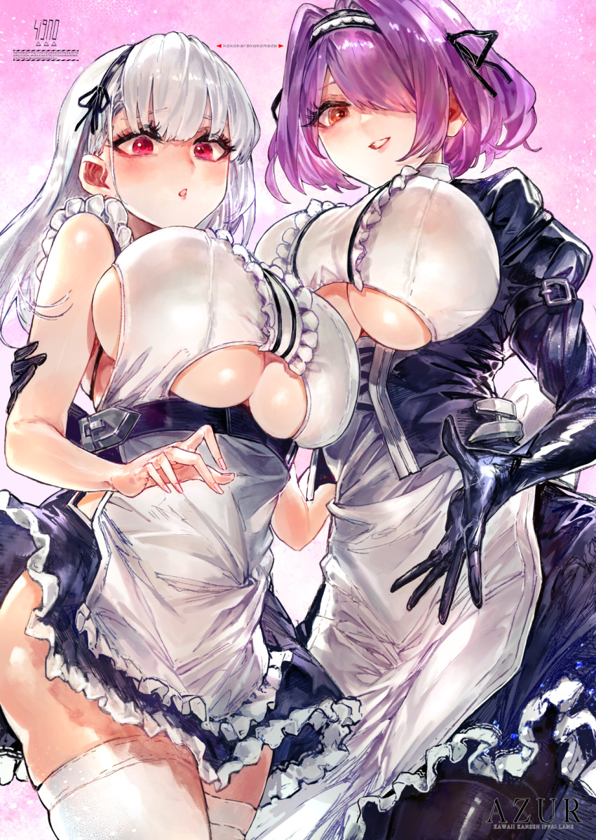 2girls apron azur_lane bangs bare_shoulders black_gloves black_hairband black_legwear blush breasts brown_eyes commentary_request dido_(azur_lane) eyebrows_visible_through_hair frilled_apron frills gloucester_(azur_lane) gloves hair_over_one_eye hairband highres large_breasts long_hair long_sleeves looking_at_viewer maid multiple_girls open_mouth pantyhose parted_lips pink_eyes puffy_sleeves purple_hair short_hair signature signo_aaa silver_hair sleeveless smile thigh-highs thighband_pantyhose thighs under_boob underboob_cutout waist_apron white_apron white_hair white_legwear