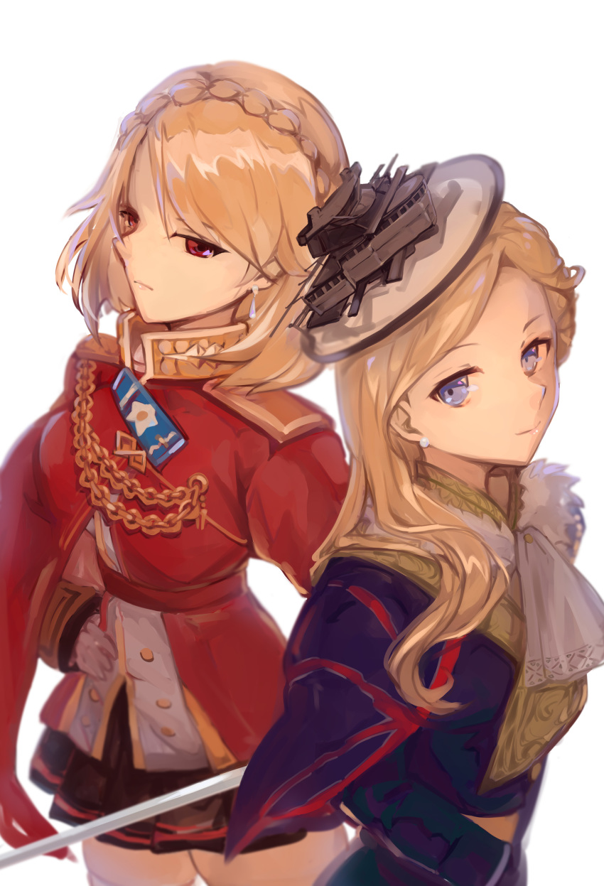 2girls absurdres ascot azur_lane black_skirt blonde_hair blue_capelet blue_eyes braid buttons capelet chain closed_mouth commentary_request earrings epaulettes eyebrows_behind_hair fur fur_collar fur_trim gloves hand_on_hip hat highres holding holding_sword holding_weapon hood_(azur_lane) jewelry long_sleeves medium_hair miniskirt multiple_girls prince_of_wales_(azur_lane) red_eyes red_shirt shika_(shika0) shirt simple_background skirt smile sword upper_body weapon white_background