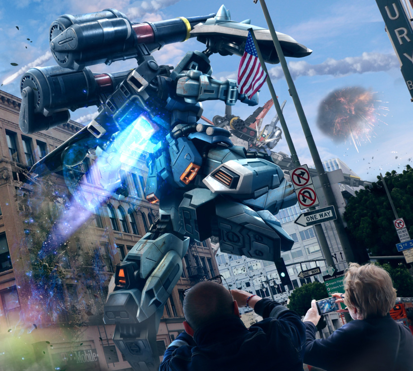 american_flag beam_rifle energy_gun explosion fighting from_behind gundam gundam_seed gundam_seed_destiny hiropon_(tasogare_no_puu) mecha mechanical_wings missile missile_pod perfect_strike_gundam photo_background strike_gundam thrusters weapon wings zaku_warrior