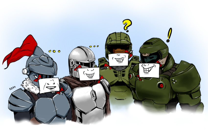 4boys armor bd77 blue_background crossover din_djarin doom_(game) doomguy english_commentary faceless faceless_male goblin_slayer goblin_slayer! halo_(game) looking_ahead looking_to_the_side master_chief me_and_the_boys multiple_boys parody plume power_armor spartan_(halo) star_wars the_mandalorian trait_connection visor