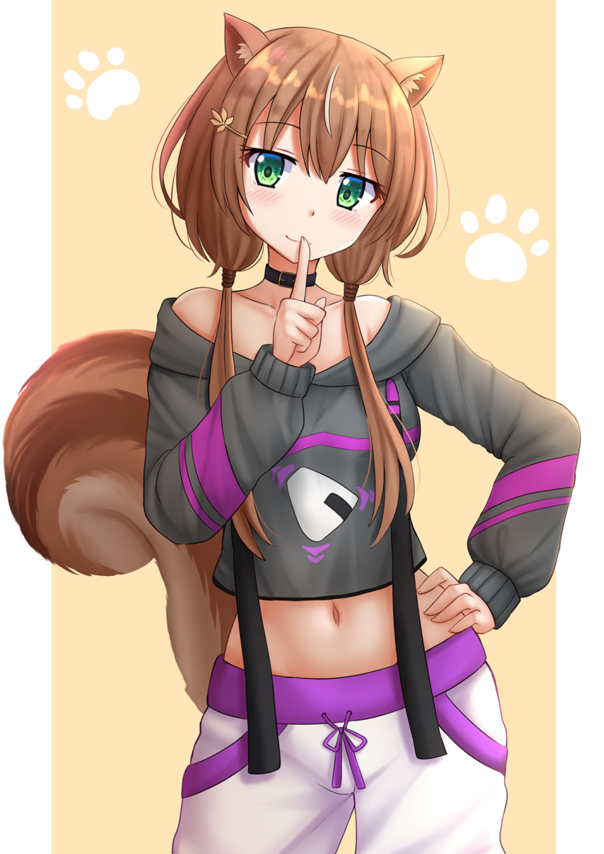 1girl animal_ears ayunda_risu black_collar black_hoodie blush brown_background brown_hair closed_mouth collar cosplay cowboy_shot crop_top finger_to_mouth hand_on_hip highres hololive hololive_indonesia hood hood_down hoodie kazenokaze long_hair long_sleeves low_twintails midriff navel nekomata_okayu nekomata_okayu_(cosplay) off_shoulder pants puffy_long_sleeves puffy_sleeves shushing smile solo squirrel_ears squirrel_girl squirrel_tail tail twintails two-tone_background virtual_youtuber white_background white_pants