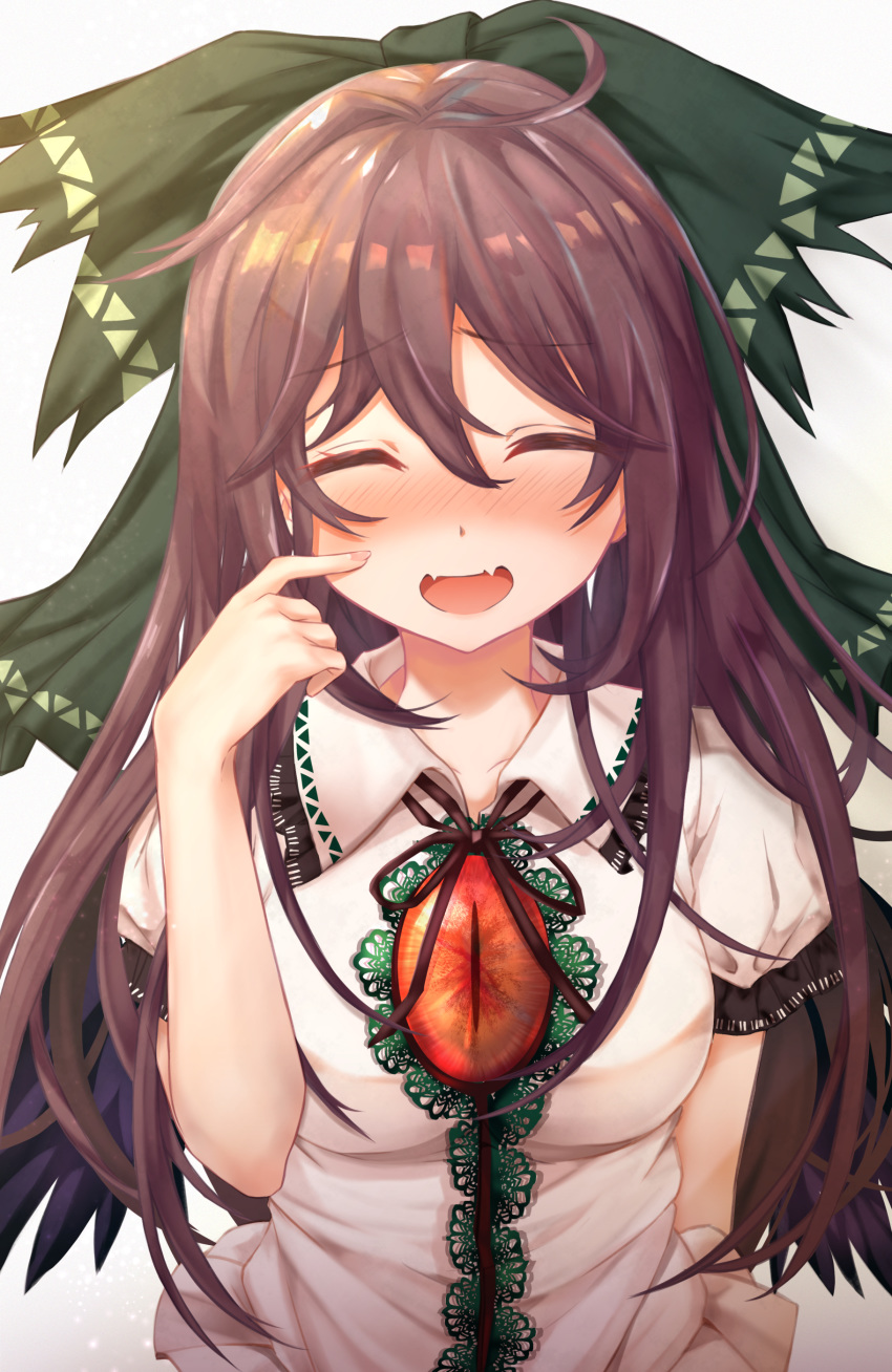 1girl absurdres black_wings blush bow breasts brown_eyes closed_eyes collared_shirt commentary_request commission facing_viewer fang green_bow hair_between_eyes hair_bow highres long_hair medium_breasts nose_blush open_mouth reiuji_utsuho shirt short_sleeves simple_background skin_fang smile solo torottye touhou upper_body white_background white_shirt wing_collar wings