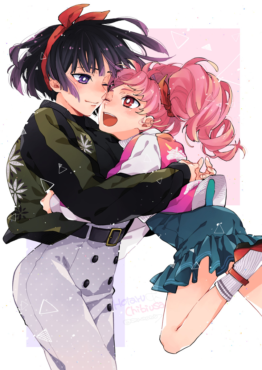 2girls :d absurdres animal_print arms_around_waist artist_name bangs belt bishoujo_senshi_sailor_moon black_hair blue_skirt blunt_bangs blush bow buttons casual character_name chibi_usa commentary_request ears face-to-face green_jacket hair_ribbon hairband highres hug jacket jersey long_hair multiple_girls one_eye_closed open_mouth pants pink_hair pink_jacket red_eyes red_footwear red_hairband red_ribbon ribbed_legwear ribbon shizuyoshi short_hair sidelocks skirt smile strappy_heels tomoe_hotaru twintails unicorn upper_body white_background white_jacket white_legwear white_pants