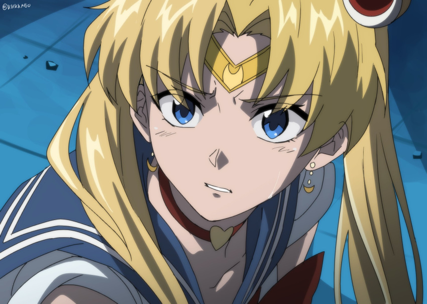 1girl anime_coloring bishoujo_senshi_sailor_moon blonde_hair blue_eyes blue_sailor_collar collarbone commentary crescent crescent_earrings derivative_work diadem earrings english_commentary eyebrows_visible_through_hair eyes_visible_through_hair hair_bun heart highres jewelry kkkkago sailor_collar sailor_moon sailor_moon_redraw_challenge sailor_senshi sailor_senshi_uniform screencap_redraw solo symbol_commentary tsukino_usagi twintails twitter_username upper_body