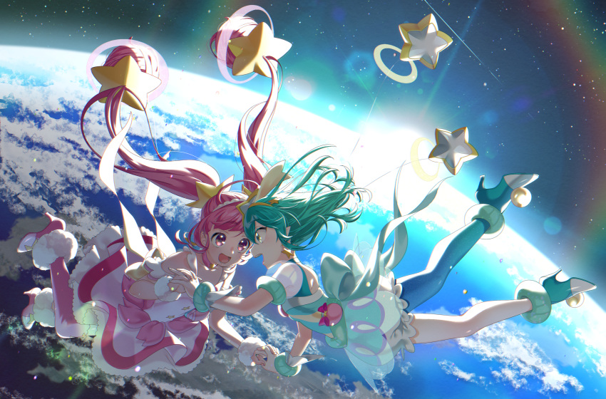 2girls :d absurdres ankle_cuffs antennae aqua_choker aqua_eyes aqua_hair bare_shoulders choker cure_milky cure_star dress earrings earth eyebrows_visible_through_hair face-to-face floating_hair from_side hagoromo_lala hair_ornament hairband high_heels highres holding_hands hoshina_hikaru huge_filesize interlocked_fingers jewelry lens_flare long_hair looking_at_another magical_girl multiple_girls open_mouth orbit pink_dress pink_hair planet planet_hair_ornament pointy_ears precure rainbow see-through_sleeves single_leg_pantyhose smile space star star_(sky) star_choker star_earrings star_hair_ornament star_in_eye star_twinkle_precure sun symbol_commentary symbol_in_eye very_long_hair wrist_cuffs yellow_earrings yellow_hairband yupiteru zero_gravity