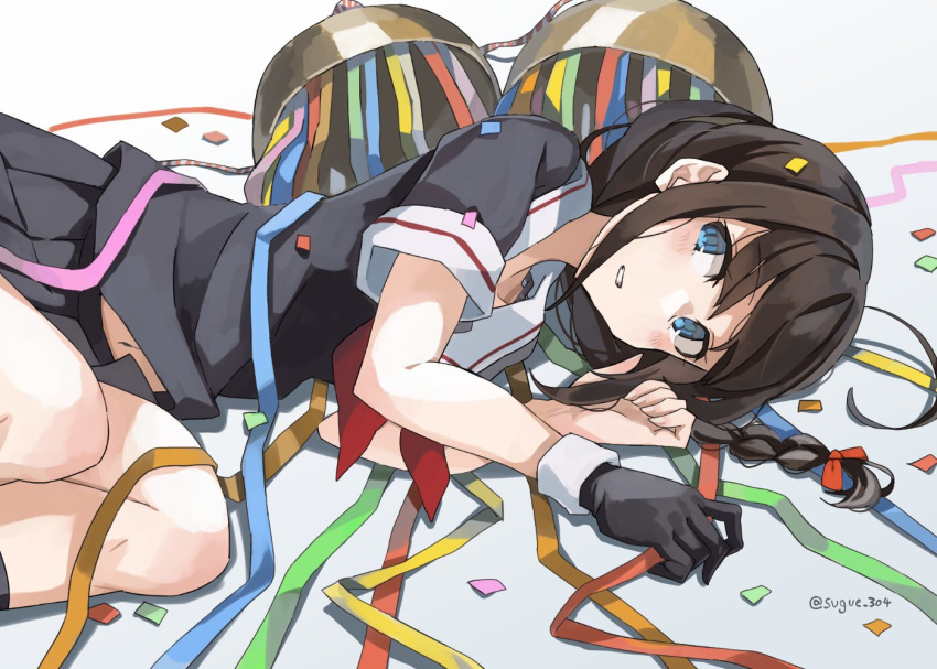 1girl ahoge black_gloves black_legwear black_serafuku black_skirt blue_eyes blush braid brown_hair feet_out_of_frame gloves kantai_collection kneehighs long_hair neckerchief pleated_skirt red_neckwear school_uniform serafuku shigure_(kantai_collection) short_sleeves single_braid single_glove skirt solo sugue_tettou twitter_username