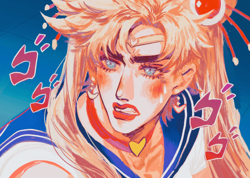 1boy battle_tendency bishoujo_senshi_sailor_moon blonde_hair blue_sailor_collar blush choker clenched_teeth cosplay crescent crescent_earrings crossdressinging diadem earrings from_side hair_ornament heart heart_choker highres jewelry jojo_no_kimyou_na_bouken joseph_joestar_(young) lipstick long_hair makeup male_focus menacing_(jojo) red_choker red_lipstick sailor_collar sailor_moon sailor_moon_(cosplay) sailor_moon_redraw_challenge school_uniform serafuku shirt solo sound_effects teeth twintails white_shirt