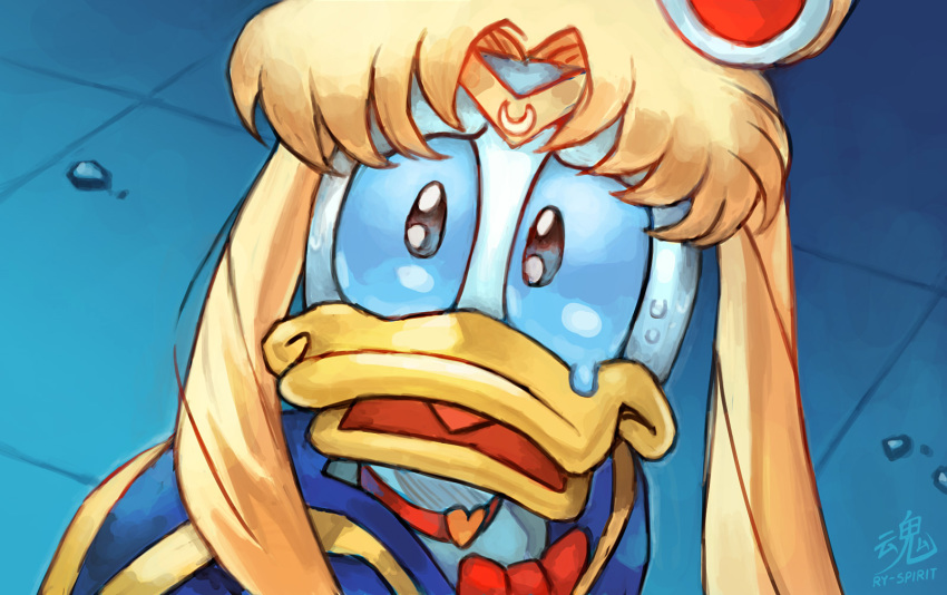 1boy bird bishoujo_senshi_sailor_moon black_eyes blonde_hair blue_background blue_neckwear blue_sailor_collar bow bowtie choker commentary cosplay diadem disney donald_duck duck ducktales english_commentary highres kodansha looking_at_viewer mickey_mouse_(series) no_humans open_mouth parody quack_pack red_choker ry-spirit sailor_collar sailor_moon sailor_moon_(cosplay) school_uniform serafuku signature solo sweatdrop tears toei_animation twintails what