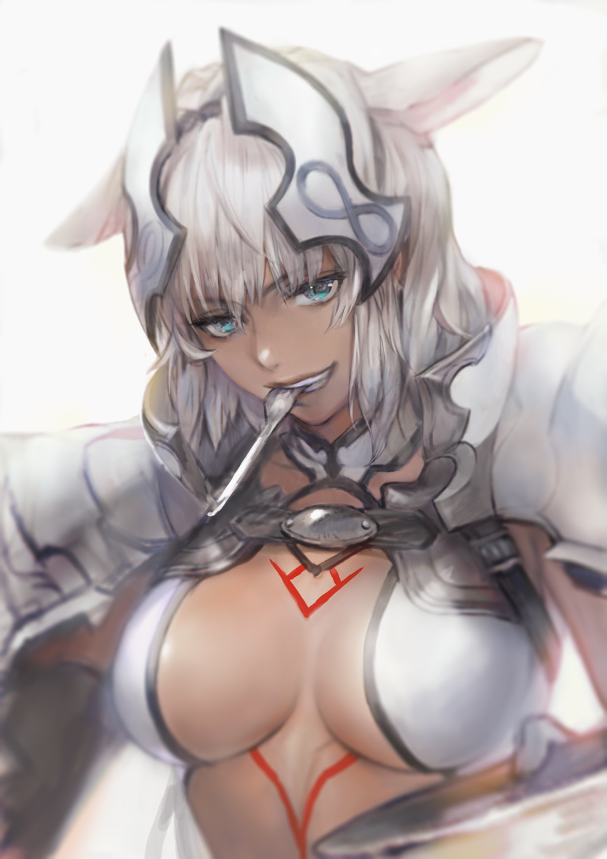 animal_ears armor blue_eyes body_markings breasts caenis_(fate) dark_skin fate/grand_order fate_(series) fork grey_hair highres large_breasts long_hair looking_at_viewer plate smile tomatika white_background