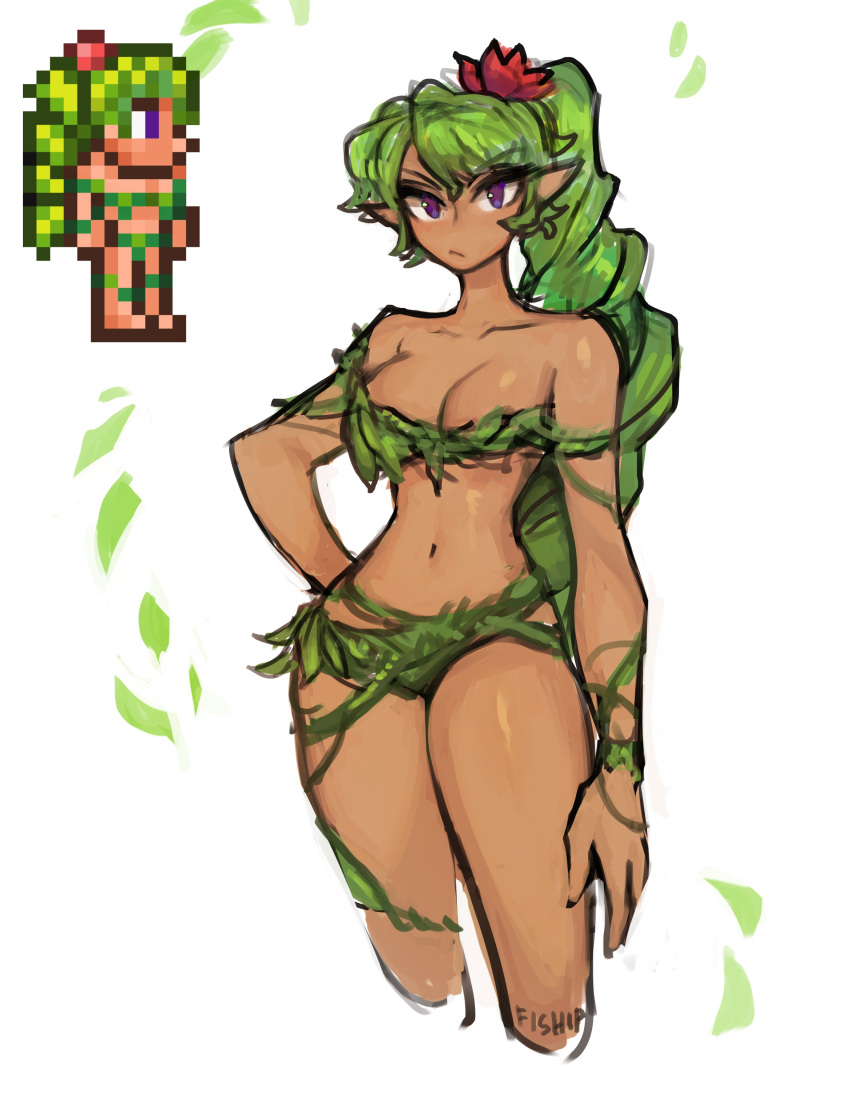 1girl :/ absurdres bare_shoulders breasts collarbone commentary cowboy_shot cropped_legs dark_skin dryad dryad_(terraria) english_commentary eyebrows_visible_through_hair flower frown green_hair hair_flower hair_ornament hand_on_hip highres long_hair looking_at_viewer matilda_fiship medium_breasts navel pixel_art plant pointy_ears ponytail simple_background solo terraria v-shaped_eyebrows very_long_hair vines violet_eyes white_background