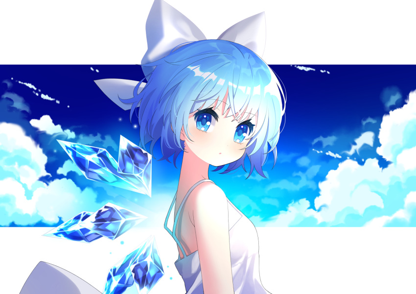 1girl bangs bare_shoulders blue_eyes blue_hair blush bow breasts cirno commentary_request dress eyebrows_visible_through_hair from_side hair_bow highres ice ice_wings looking_at_viewer short_hair sleeveless sleeveless_dress small_breasts solo spaghetti_strap sundress touhou upper_body white_dress wings yuujin_(mhhnp306)