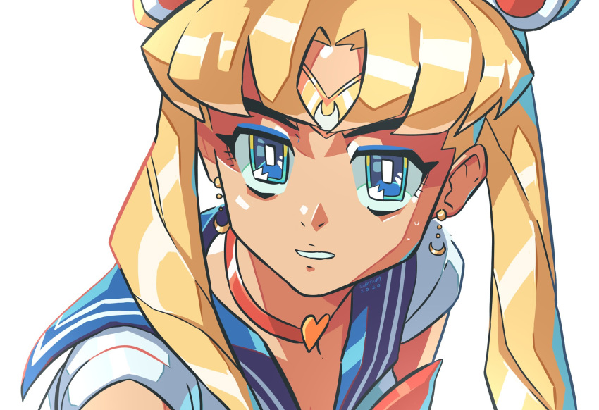 1girl bangs bishoujo_senshi_sailor_moon blonde_hair blue_eyes blue_sailor_collar bow bowtie bright_pupils choker crescent crescent_earrings dated derivative_work earrings from_side gnrtnm hair_ornament heart heart_choker highres jewelry parted_bangs parted_lips red_choker red_neckwear sailor_collar sailor_moon sailor_moon_redraw_challenge school_uniform screencap_redraw serafuku signature simple_background solo sweatdrop tiara twintails upper_body white_background