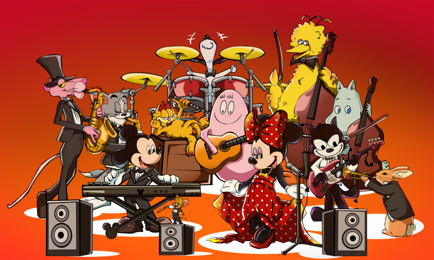 1girl 6+boys absurdres acoustic_guitar band barbapapa barbapapa_(character) big_bird blue_eyes bow bowtie cello crossover disney double_bass dress drum drum_set electric_guitar felix_the_cat felix_the_cat_(character) felix_the_cat_productions garfield garfield_(character) guitar hanna-barbera hidden_mickey high_heels highres instrument jerry_(tom_and_jerry) jim_henson keyboard_(instrument) mgm mickey_mouse mickey_mouse_(series) minnie_mouse moomin moomintroll multiple_boys multiple_crossover nickelodeon no_humans open_mouth paramount_pictures paws_inc. peanuts peter_rabbit peter_rabbit_(character) polka_dot polka_dot_dress reo_j saxophone sesame_street sesame_workshop smile snoopy speaker tail the_pink_panther the_pink_panther_(character) tom_(tom_and_jerry) tom_and_jerry toon trumpet tuxedo warner_bros