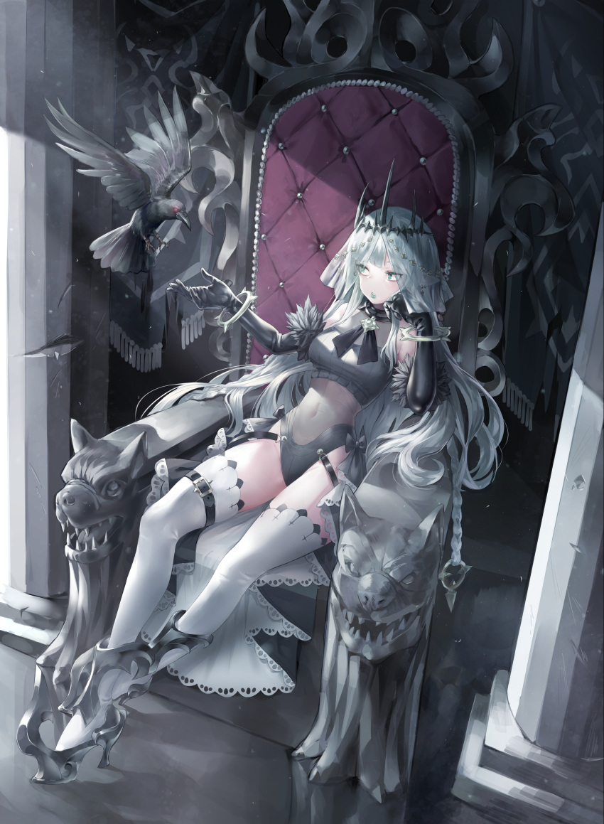 1girl absurdres armored_boots bare_shoulders bird black_gloves boots breasts cheek_rest covered_navel crop_top crow crown elbow_gloves fur_trim gloves green_eyes high_heels highleg highres lipstick long_hair looking_away makeup medium_breasts midriff mochirong original see-through silver_hair sitting solo thigh-highs thighs throne veil very_long_hair white_legwear
