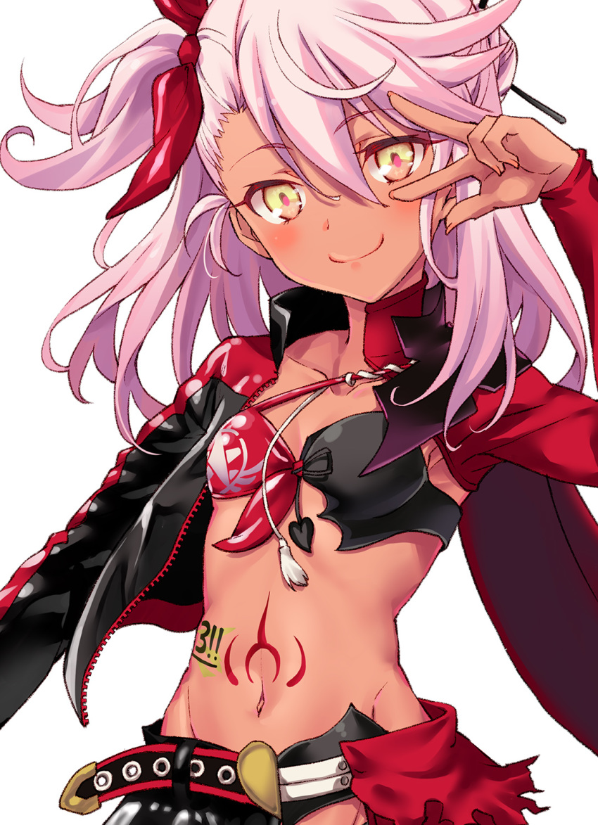 1girl asymmetrical_clothes bangs boshi_(a-ieba) breasts cape chloe_von_einzbern close-up collarbone commentary dark_skin eyebrows_visible_through_hair fate/kaleid_liner_prisma_illya fate_(series) hair_between_eyes hair_ornament hair_ribbon hair_stick highres long_hair long_sleeves navel one_side_up pink_hair racequeen red_cape red_ribbon ribbon shrug_(clothing) simple_background small_breasts smile solo stomach stomach_tattoo tattoo upper_body w w_over_eye white_background