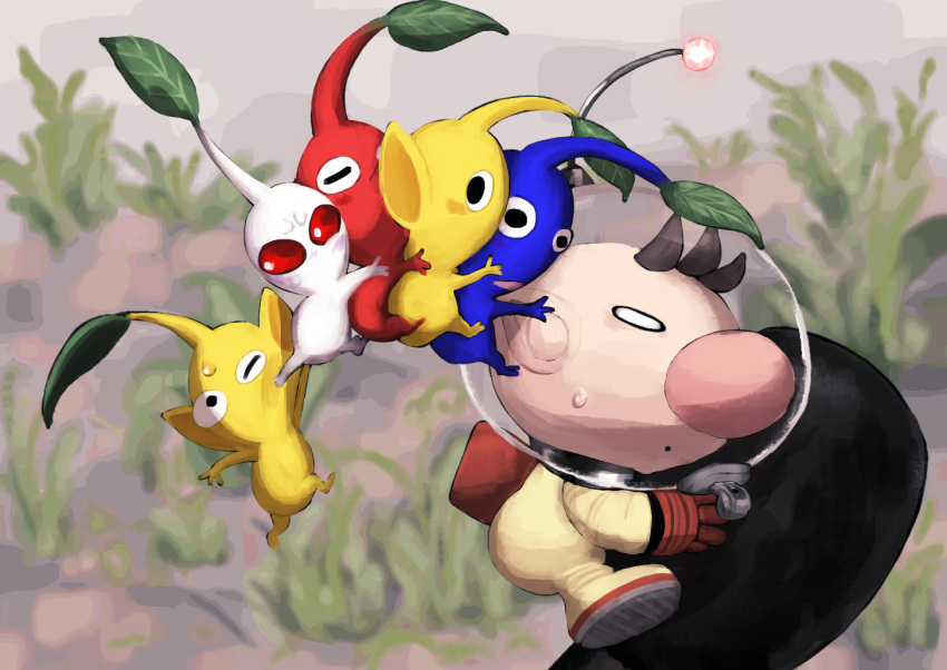 1boy :o backpack bag big_nose black_eyes blue_pikmin blue_skin brown_hair colored_skin commentary_request from_side full_body furrowed_brow gloves grass helmet holding_another's_leg leaf lever light_blush looking_at_another mini_person miniboy no_mouth o_o olimar one_eye_closed open_mouth outdoors pikmin_(creature) pikmin_(series) pikmin_short_movies pink_nails pointy_ears pointy_nose radio_antenna red_bag red_eyes red_gloves red_pikmin red_skin short_hair solid_circle_eyes space_helmet spacesuit sweatdrop triangle_mouth usuba_(hatomugip) very_short_hair whistle white_pikmin wide-eyed yellow_pikmin yellow_skin