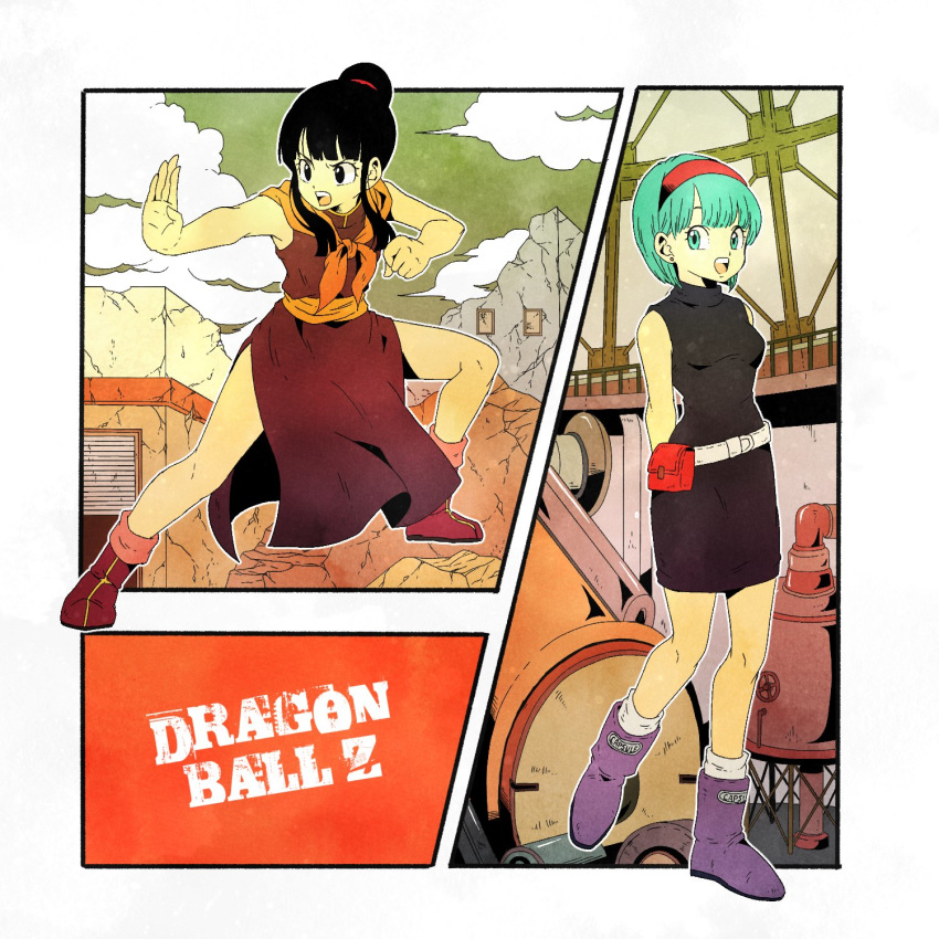 2girls :d ankle_boots aqua_eyes aqua_hair arms_behind_back bangs bare_arms bare_legs bare_shoulders belt black_dress black_eyes black_hair blunt_bangs bob_cut boots border breasts building bulma capsule_corp chi-chi_(dragon_ball) china_dress chinese_clothes clenched_hand clouds cloudy_sky copyright_name crack day dot_nose dragon_ball dragon_ball_(classic) dragon_ball_z dress eyelashes fanny_pack fighting_stance frown grey_border hair_bun hairband highres indoors looking_afar looking_at_viewer machinery medium_breasts multiple_girls neckerchief open_mouth orange_neckwear outdoors outside_border outstretched_hand purple_footwear red_hairband short_dress short_hair side_slit sidelocks sky sleeveless sleeveless_dress smile teeth toritoki_(trig_tkdb) upper_teeth v-shaped_eyebrows