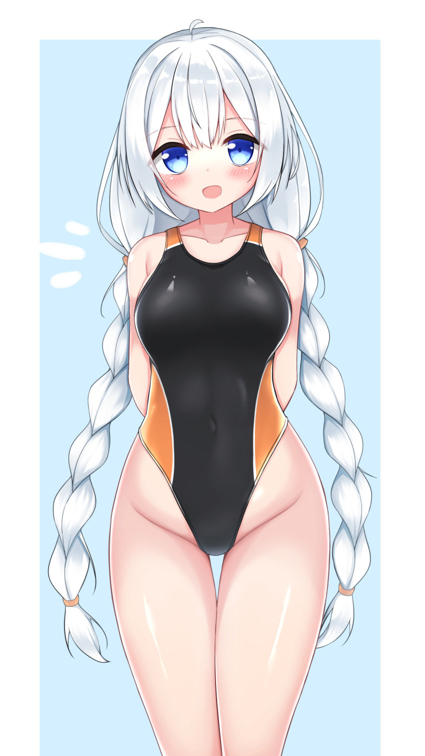 /\/\/\ 1girl absurdres arm_behind_back black_swimsuit blue_background blue_eyes border braid collarbone commentary_request competition_swimsuit highres kizuna_akari looking_at_viewer one-piece_swimsuit silver_hair smile solo standing swimsuit thigh_gap tomin_(tomin_90) twin_braids two-tone_background voiceroid white_border