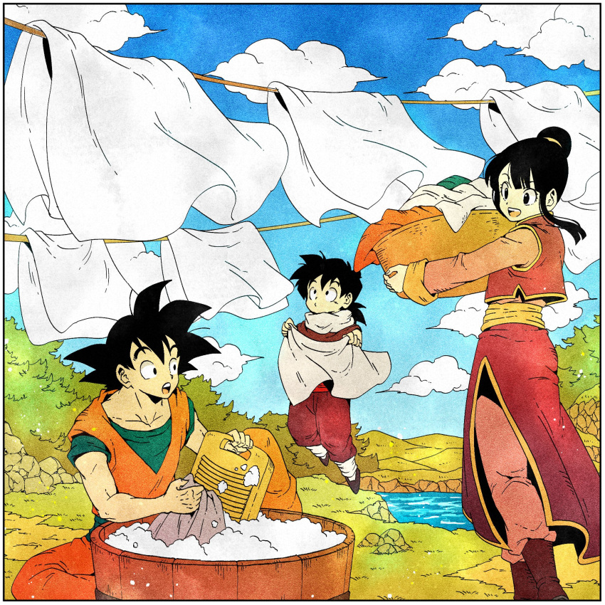 1girl 2boys :d bangs basket black_eyes black_hair blue_sky blunt_bangs boots border bush chi-chi_(dragon_ball) china_dress chinese_clothes closed_mouth clothesline clouds cloudy_sky collarbone day dot_nose dougi dragon_ball dragon_ball_z dress drying drying_clothes family fingernails flying grass hair_bun highres holding holding_basket laundry_basket long_sleeves looking_up mountain multiple_boys nature open_mouth outdoors river rock side_slit sidelocks sitting sky smile soap_bubbles son_gohan son_gokuu spiky_hair teeth toritoki_(trig_tkdb) upper_teeth washing water white_border