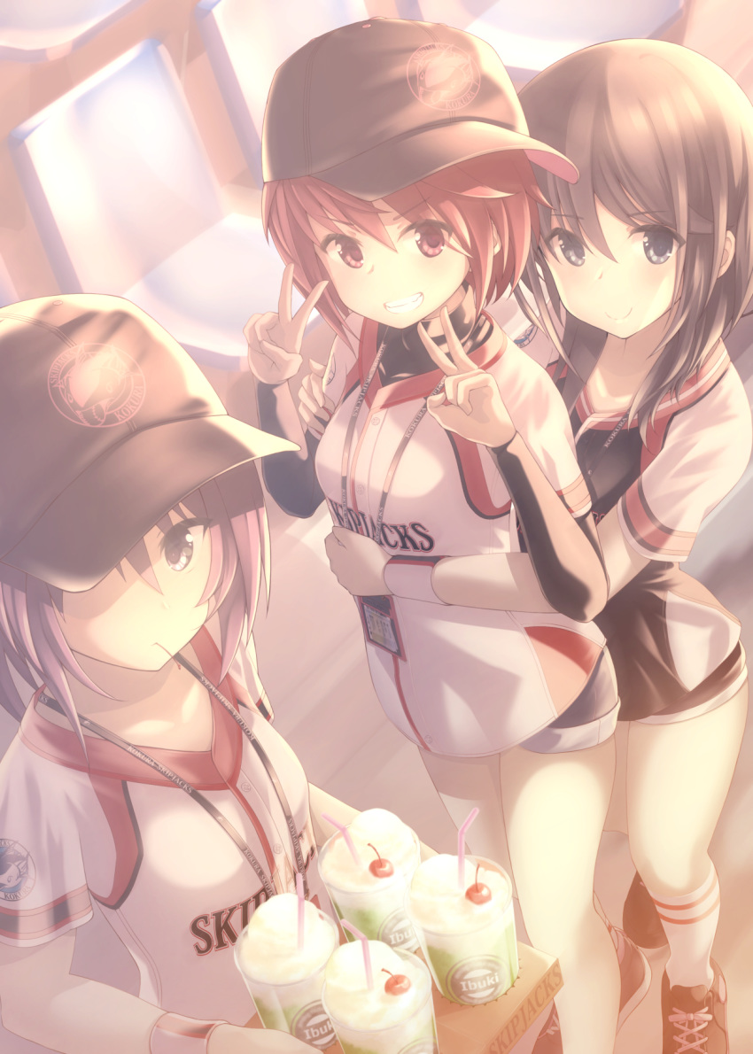 3girls alice_gear_aegis alicia_(schrdingerscat) arm_around_waist arms_up baseball_cap baseball_uniform behind_another brown_eyes brown_headwear chair cherry commentary_request cross-laced_footwear cup disposable_cup double_v expressionless food from_above fruit grin hand_on_another's_arm hat hat_over_one_eye highres himukai_rin hirasaka_yotsuyu holding holding_tray id_card kurogane_yuuto long_sleeves looking_at_viewer multiple_girls pink_hair red_eyes shoes short_hair short_sleeves smile sneakers socks sportswear standing tray v whipped_cream white_legwear