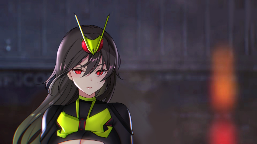 1girl ateoyh black_hair commentary genderswap genderswap_(mtf) highres kamen_rider kamen_rider_01_(series) kamen_rider_zero-one long_hair looking_at_viewer red_eyes rising_hopper shiny shiny_hair solo upper_body