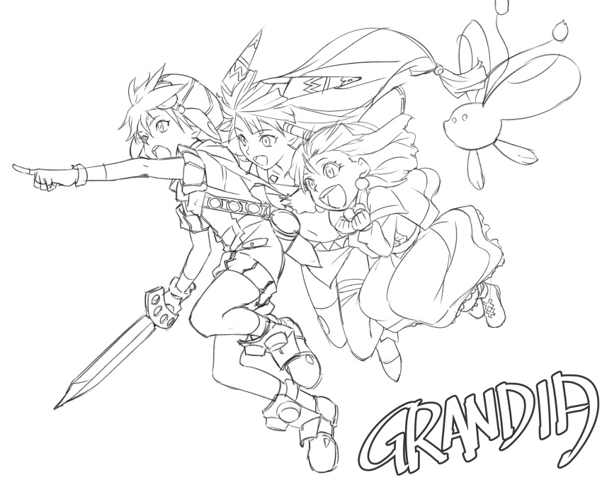 1boy 2girls :d :o absurdres copyright_name creature dress feena_(grandia) fingerless_gloves floating_hair friends full_body gloves grandia grandia_i hair_ornament hat highres holding holding_sword holding_weapon index_finger_raised jumping justin_(grandia) kurita_shin'ichi lineart long_hair low-tied_long_hair monochrome multiple_girls open_mouth outstretched_arm puui_(grandia) simple_background smile sue_(grandia) sword teeth thigh-highs torn_clothes torn_legwear weapon white_background