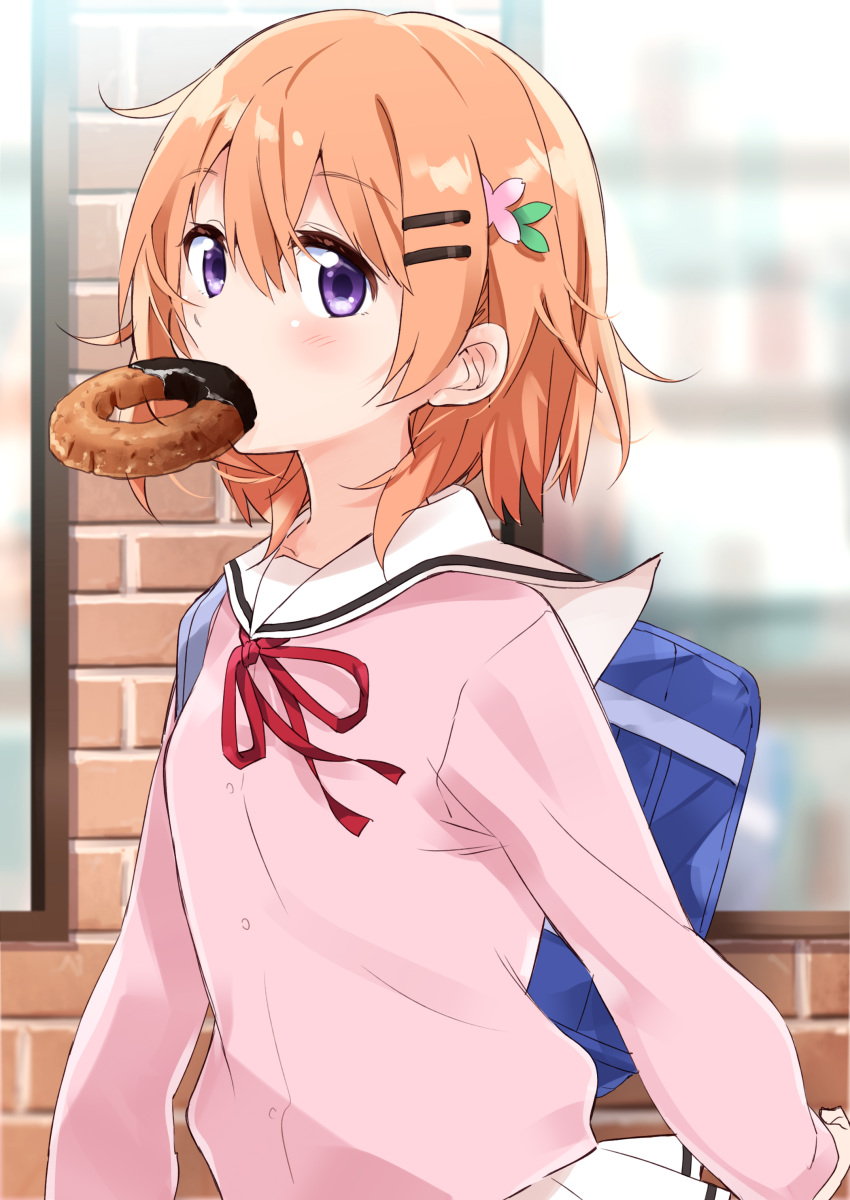 1girl absurdres bag bangs blurry blurry_background blush brick_wall brown_hair cardigan commentary_request day depth_of_field doughnut eyebrows_visible_through_hair food food_in_mouth gochuumon_wa_usagi_desu_ka? hair_between_eyes hair_ornament hairclip highres hoto_cocoa kafuu_chino's_school_uniform looking_at_viewer mousou_(mousou_temporary) neck_ribbon outdoors pink_cardigan pleated_skirt red_ribbon ribbon sailor_collar school_bag school_uniform serafuku skirt solo violet_eyes white_sailor_collar white_skirt window