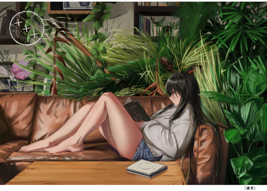 1girl absurdres bangs bare_legs barefoot black_hair blue_shorts book bookshelf closed_mouth commentary_request couch flower grey_sweater hair_between_eyes highres holding holding_book indoors long_hair long_sleeves looking_away on_couch open_book original pink_flower pink_rose profile puffy_long_sleeves puffy_sleeves reclining red_eyes rose short_shorts shorts solo sweater table very_long_hair wang_man