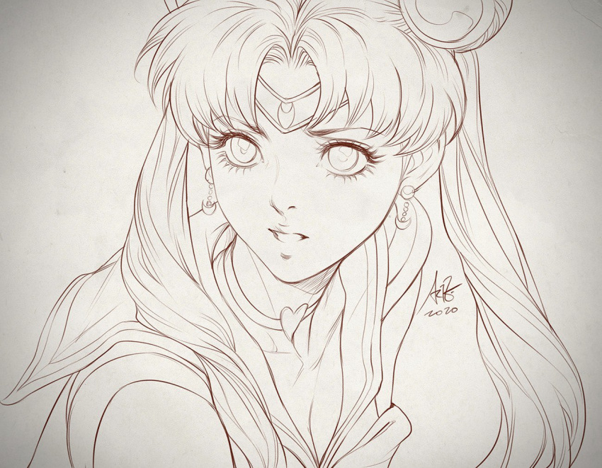 1girl bishoujo_senshi_sailor_moon brown_theme choker commentary crescent crescent_earrings dated diadem earrings english_commentary eyelashes from_side hair_ornament heart heart_choker jewelry long_hair monochrome parted_lips sailor_moon sailor_moon_redraw_challenge school_uniform serafuku shirt signature solo stanley_lau tsukino_usagi twintails upper_body
