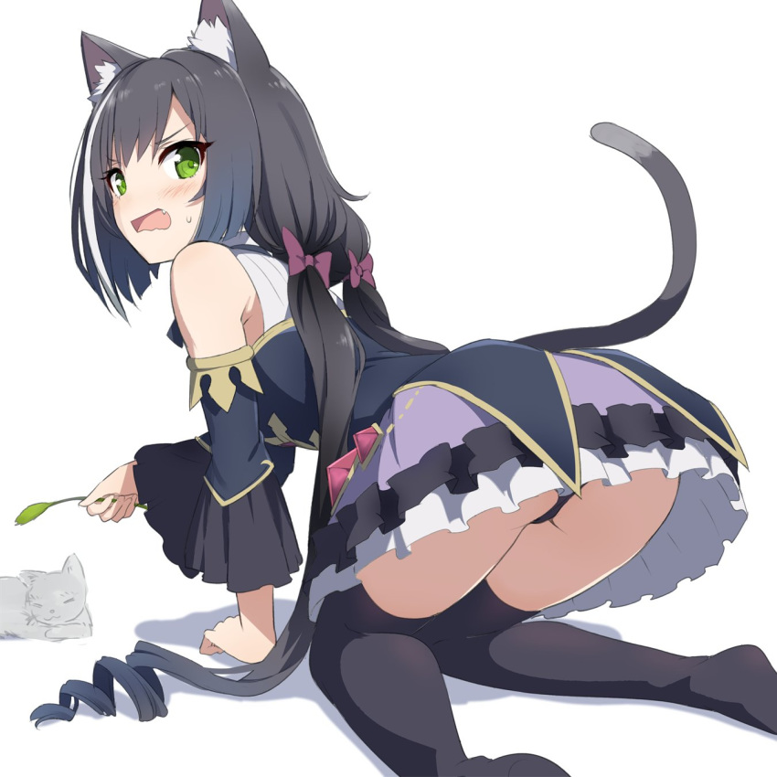 1girl animal_ear_fluff animal_ears ass bangs bare_shoulders black_hair black_legwear black_panties black_sleeves blue_sleeves blush bow cat_ears cat_girl cat_tail commentary_request detached_sleeves eyebrows_visible_through_hair fang from_behind gochou_(atemonai_heya) green_eyes hair_bow highres karyl_(princess_connect!) long_hair long_sleeves looking_at_viewer looking_back low_twintails multicolored_hair open_mouth panties princess_connect! princess_connect!_re:dive purple_skirt skirt solo streaked_hair tail thigh-highs twintails underwear very_long_hair white_background white_hair