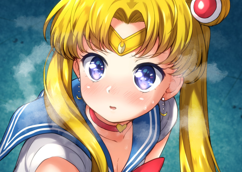 1girl bangs bishoujo_senshi_sailor_moon blonde_hair blue_eyes blue_sailor_collar blush choker circlet commentary_request crescent crescent_earrings derivative_work double_bun earrings heart heart_choker heavy_breathing jewelry long_hair miyabi_(miyabeeya) open_mouth parted_bangs red_choker sailor_collar sailor_moon sailor_moon_redraw_challenge screencap_redraw solo sweat tsukino_usagi twintails