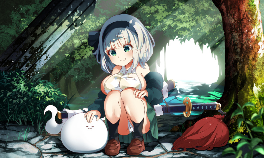 1girl adapted_costume alternate_breast_size bare_shoulders black_legwear blurry blurry_foreground blush bob_cut breasts brown_footwear bush closed_mouth detached_sleeves eyebrows_visible_through_hair green_eyes green_skirt highres konpaku_youmu large_breasts light_rays looking_down outdoors panties panty_peek pegashi petting pleated_skirt sheath sheathed shirt short_hair skirt sleeveless sleeveless_shirt smile solo squatting tassel touhou tree underwear upskirt white_panties white_shirt |3