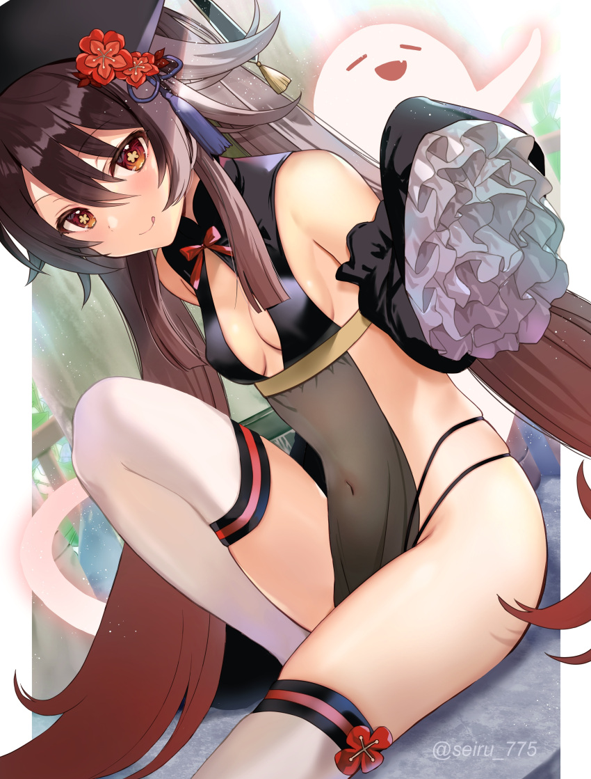 1girl absurdres bangs bare_shoulders black_dress black_headwear blush breasts brown_hair covered_navel detached_sleeves dress flower genshin_impact ghost hat hat_flower highres hu_tao_(genshin_impact) knee_up licking_lips long_hair looking_at_viewer pelvic_curtain plum_blossoms red_eyes seiru_(prairie) sitting sleeves_past_fingers sleeves_past_wrists small_breasts smile symbol-shaped_pupils thigh-highs thighs tongue tongue_out twintails very_long_hair white_legwear