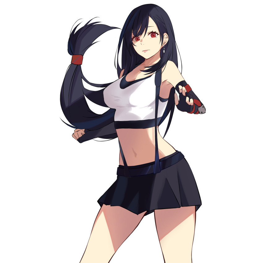 1girl black_gloves black_hair black_skirt breasts earrings final_fantasy gloves highres jewelry long_hair looking_at_viewer medium_breasts navel red_eyes shirt skirt solo strapless talnory tifa_lockhart white_background white_shirt