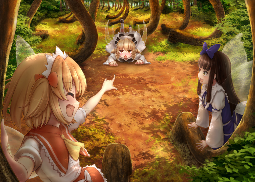 3girls ascot black_hair blonde_hair blue_bow blue_dress bow closed_eyes commentary_request day dress drill_hair fairy_wings fang forest hair_bow highres laughing long_hair long_sleeves luke_(kyeftss) luna_child lying multiple_girls nature on_stomach open_mouth outdoors pointing short_sleeves star_sapphire sunny_milk touhou transparent_wings white_dress wings yellow_neckwear