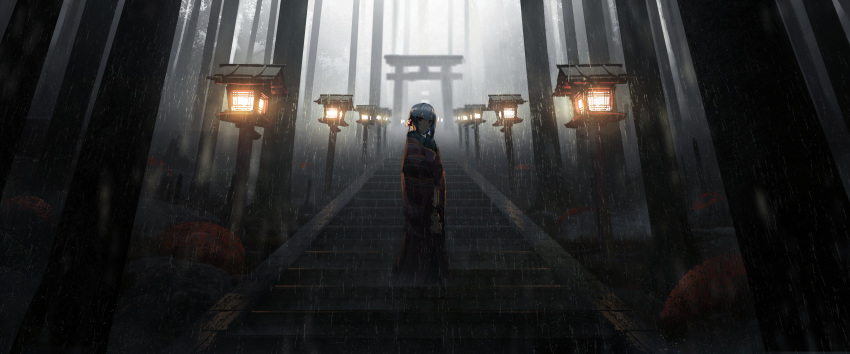 1girl :/ absurdres asteroid_ill backlighting blue_hair dark doll flower forest hair_flower hair_ornament highres huge_filesize idolmaster idolmaster_shiny_colors japanese_clothes kimono lantern looking_at_viewer morino_rinze nature outdoors rain red_eyes scenery short_hair sidelocks solo stairs stone_lantern torii tree