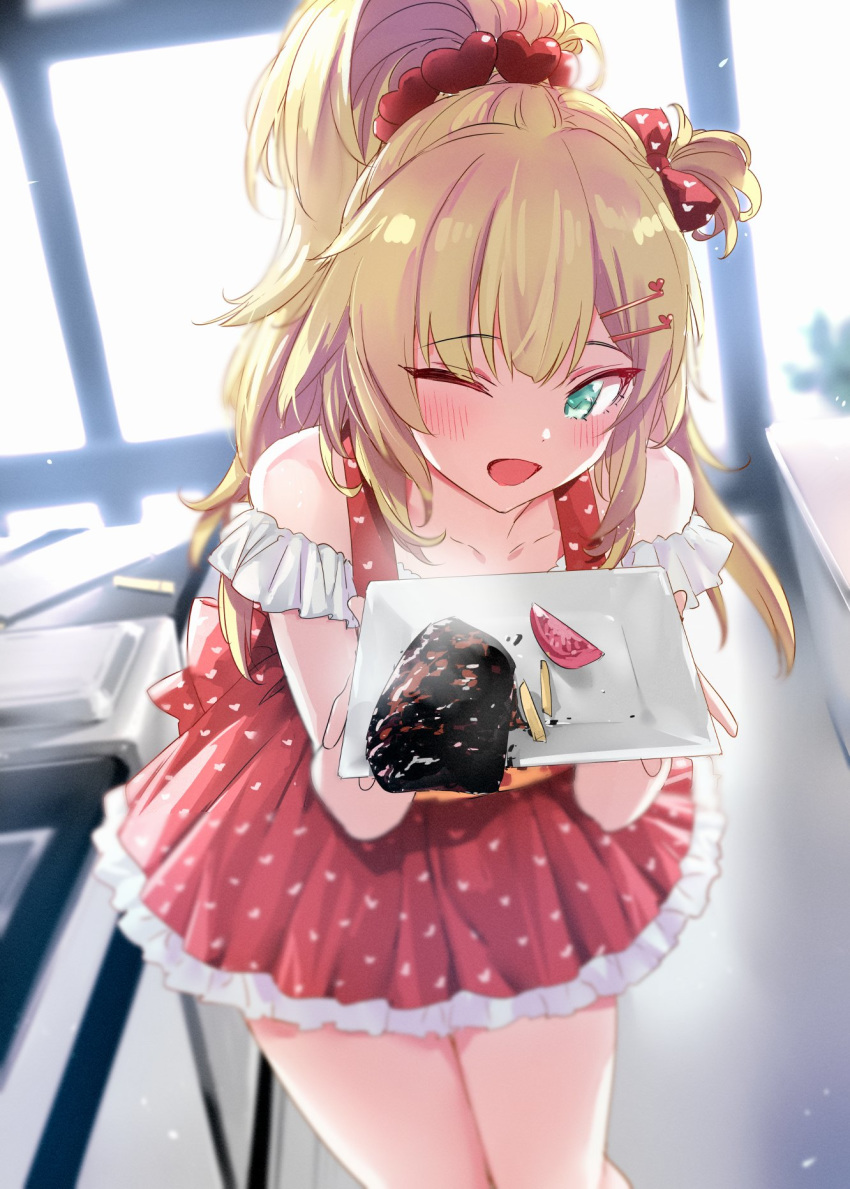 1girl akai_haato alternate_costume aqua_eyes bare_shoulders blonde_hair collarbone commentary_request dress food frilled_dress frills goshiki_suzu hair_ornament hair_scrunchie heart heart_print highres holding holding_plate hololive indoors kitchen leaning_forward legs_together long_hair looking_at_viewer meat one_eye_closed one_side_up open_mouth plate ponytail scrunchie smile solo standing stove virtual_youtuber waitress