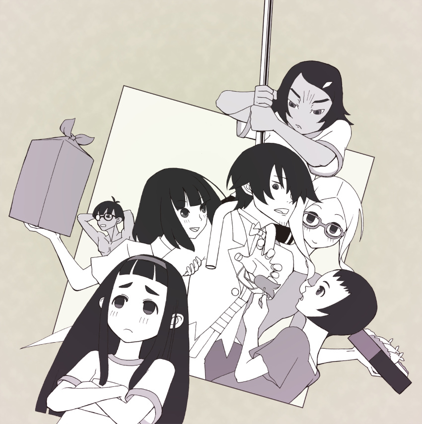 2boys 5girls akiteru arms_up bangs black_hair blunt_bangs bush crossed_arms dark_skin facial_hair frown gift glasses goto_hime goto_kakushi greyscale hair_ornament hand_up highres jouro_kumi kakushigoto keshi_kakeru long_hair monochrome multiple_boys multiple_girls obentou rokujou_ichiko scowl senda_naru shiokoshi_you shirt short_sleeves simple_background smile stubble t-shirt white_shirt