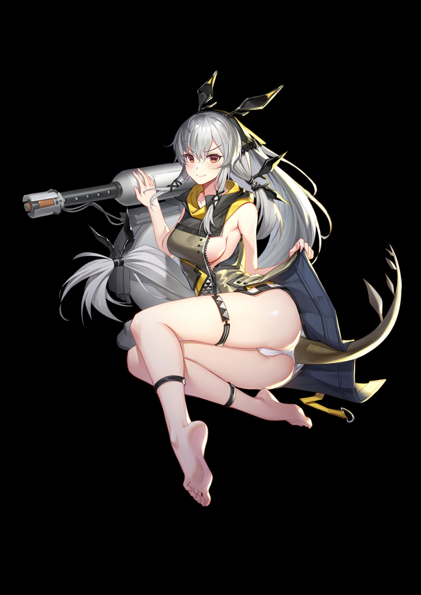 1girl ankle_strap arknights ass bare_arms bare_shoulders barefoot black_background breasts cannon dress feet full_body grey_dress hairband highres long_hair looking_at_viewer low-tied_long_hair medium_breasts no_bra panties red_eyes sideboob silver_hair simple_background sitting sleeveless sleeveless_dress smile solo tail thigh_strap thighs toes underwear v-shaped_eyebrows very_long_hair weedy_(arknights) white_panties yin_lan_xue