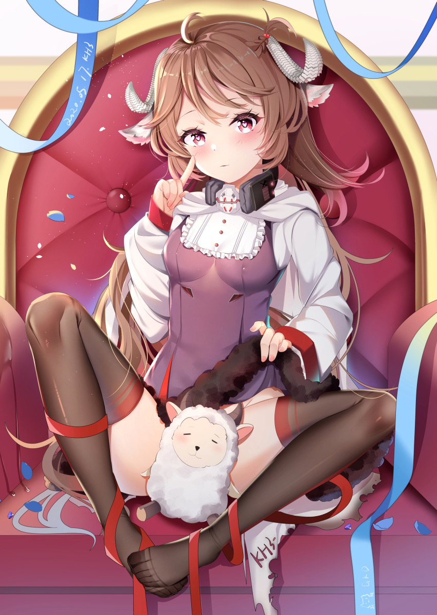 1girl absurdres animal_ears arknights black_legwear curled_horns dress eyjafjalla_(arknights) feet fur-trimmed_dress fur_trim goat_horns goggles goggles_removed grey_dress highres horns looking_at_viewer miaoguujuun_qvq originium_arts_(arknights) respirator sheep sheep_ears sheep_girl sheep_horns short_hair stuffed_animal stuffed_toy torn_clothes torn_coat torn_dress wool