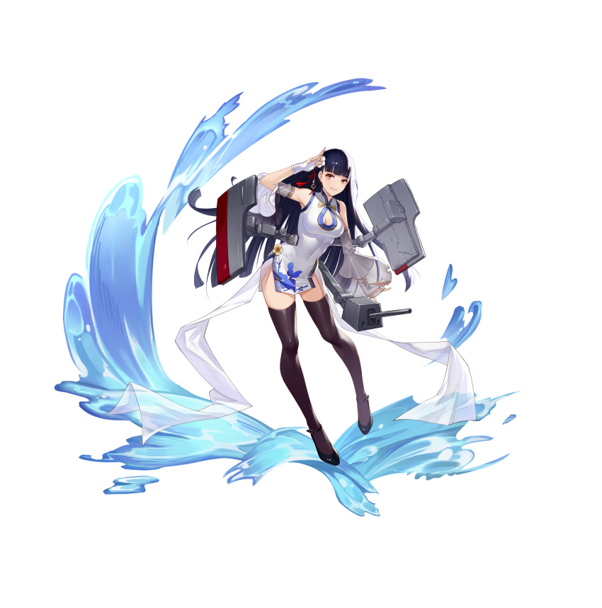 1girl absurdres arm_up armpits azur_lane bare_shoulders black_footwear black_hair black_legwear breasts china_dress chinese_clothes cleavage_cutout covered_navel detached_sleeves dress flats full_body hair_ornament highres large_breasts long_hair looking_at_viewer pelvic_curtain red_eyes salute see-through simple_background smile solo standing thigh-highs thighs turret very_long_hair water white_background white_dress wide_sleeves yat_sen_(azur_lane) yin_lan_xue