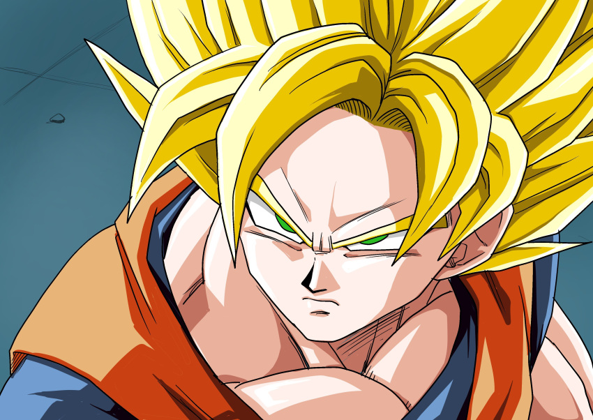 1boy absurdres blonde_hair closed_mouth collarbone commentary_request dragon_ball dragon_ball_z green_eyes highres kamishima_kanon male_focus parody sailor_moon_redraw_challenge serious short_sleeves solo son_gokuu super_saiyan upper_body