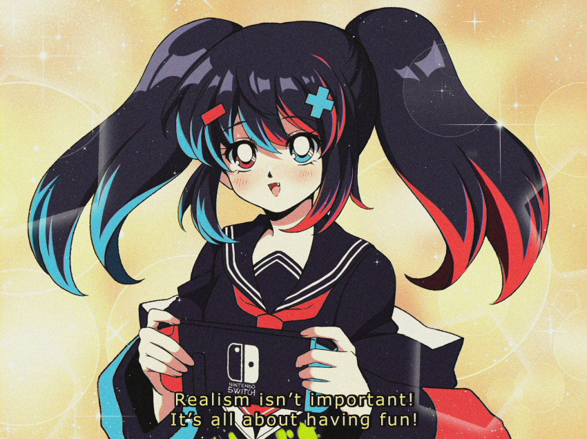 1990s_(style) 1girl black_hair blue_eyes fake_screenshot fang fang_out game_console heterochromia highres holding merryweather nintendo_switch nintendo_switch_(personification) original personification red_eyes school_uniform solo subtitled twintails
