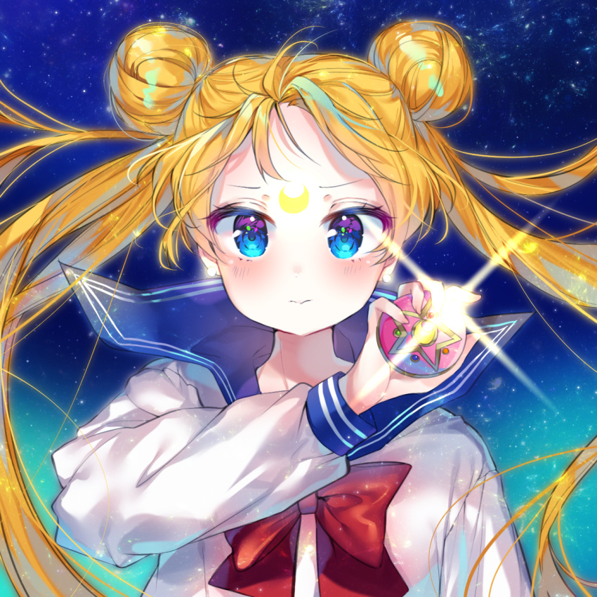 1girl bishoujo_senshi_sailor_moon blonde_hair blue_eyes blue_sailor_collar blush commentary crescent_print double_bun highres holding long_hair long_sleeves magical_girl red_neckwear red_ribbon ribbon sailor_collar sailor_moon sailor_senshi_uniform shirt smile solo star starry_background twintails urim_(paintur) white_shirt