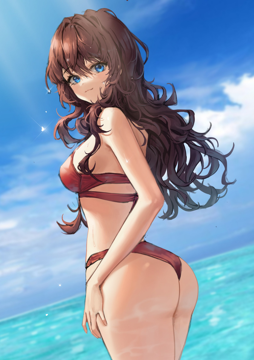 1girl absurdres armpits ass bare_arms bare_shoulders bikini blue_eyes breasts brown_hair closed_mouth clouds cowboy_shot day from_behind highres horizon ichinose_shiki idolmaster idolmaster_cinderella_girls long_hair looking_at_viewer looking_back medium_breasts ocean outdoors red_bikini sky solo standing sunlight swimsuit water wavy_hair wet xi_xeong