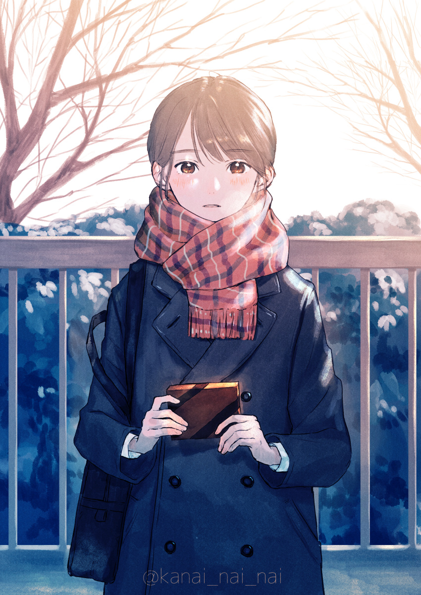 1girl absurdres bag blush breath brown_eyes brown_hair coat gift highres holding holding_gift kanai_(nai_nai) looking_at_viewer original outdoors parted_lips plaid plaid_scarf railing scarf shoulder_bag solo tree upper_body valentine winter_clothes
