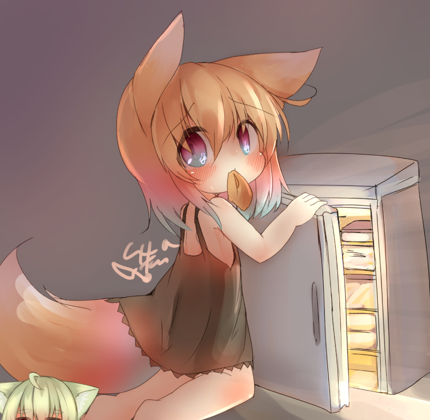 1girl animal_ears black_camisole blonde_hair blush camisole commentary_request eating food fox_ears fox_tail highres kneeling mouth_hold no_pants original pink_eyes refrigerator short_hair solo sunapua tail