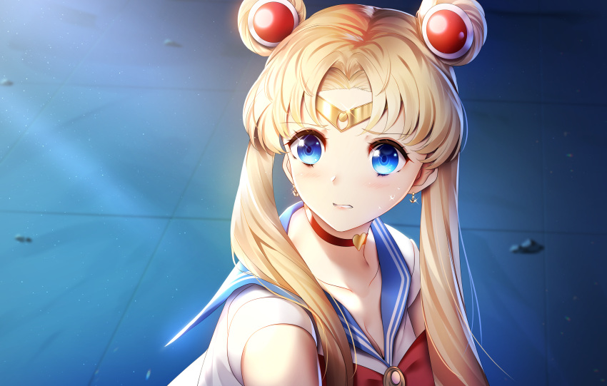 1girl absurdres bishoujo_senshi_sailor_moon blonde_hair blue_eyes blue_sailor_collar choker commentary derivative_work double_bun earrings english_commentary heart heart_choker highres jewelry long_hair parted_lips red_choker sailor_collar sailor_moon sailor_moon_redraw_challenge sailor_senshi sailor_senshi_uniform screencap_redraw solo tile_floor tiles tsukimaru tsukino_usagi twintails upper_body