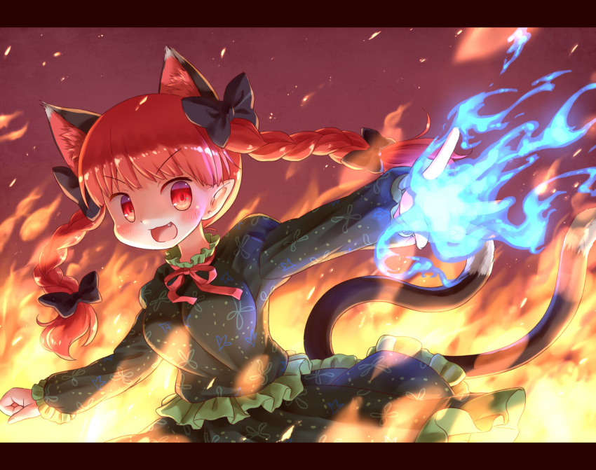1girl :3 animal_ear_fluff animal_ears arinu blue_fire bow braid cat_ears cat_tail commentary_request embers extra_ears eyebrows_visible_through_hair fang fire hair_bow kaenbyou_rin letterboxed long_sleeves looking_at_viewer multiple_tails neck_ribbon open_mouth pointy_ears red_background red_eyes redhead ribbon solo tail touhou twin_braids two_tails