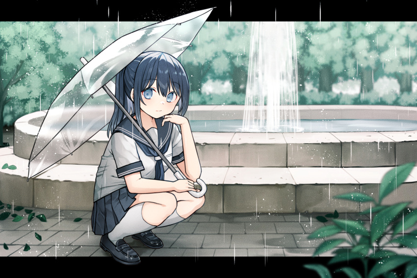 1girl bangs black_footwear black_hair black_sailor_collar black_skirt blue_eyes blue_neckwear commentary_request day eyebrows_visible_through_hair fountain hair_between_eyes holding holding_umbrella kurata_rine letterboxed loafers long_hair original outdoors pleated_skirt ponytail rain sailor_collar school_uniform serafuku shirt shoes short_sleeves skirt socks solo squatting transparent transparent_umbrella tree umbrella water white_legwear white_shirt